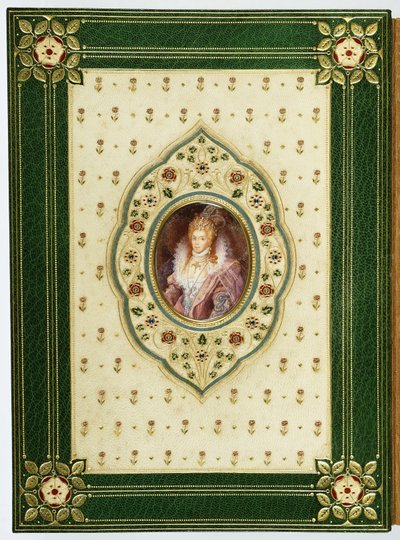 Um retrato oval da Rainha Elizabeth I (couro de marrocos de levant verde, seda creme aguada, safiras, pai) de Sangorski and Sutcliffe