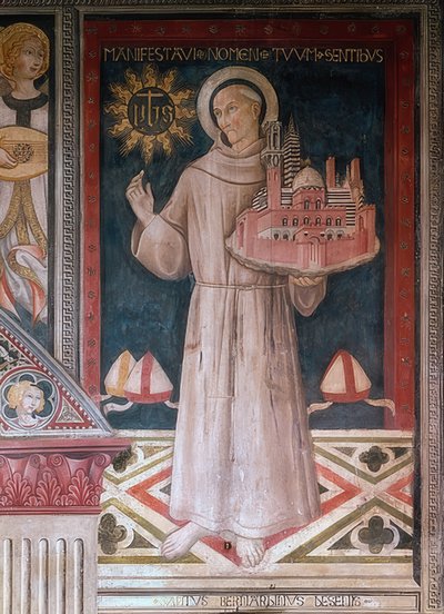 São Bernardino de Siena com um modelo da cidade de Siena de Sano di Pietro
