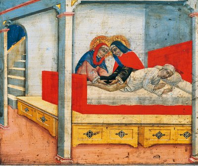 Santos Cosmas e Damião prendem a perna do etíope ao sacristão (milagre da perna do etíope), cena da predela de Madonna e Criança com anjos e santos, de Sano di Pietro (1405-1481), painel de Sano di also Ansano di Pietro di Mencio Pietro