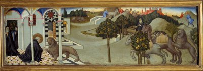 Cena da vida de São Jerônimo: "São Jerônimo tira a espinha da pata do leão; o leão persegue os ladrões que tinham derobado o burro do convento e trouxeram consigo uma caravana de camelos carregados de mercadorias" Pintura em madeira de Sano di Pietro (1 de Sano di also Ansano di Pietro di Mencio Pietro