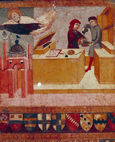 O camerlinguista lava simbolicamente as mãos enquanto a Virgem benevolente e protectora voa sobre a cidade de Siena Detail. Pintura em madeira de Sano di Pietro (1406-1481) decorando um Biccherna (capa do registro contábil da cidade de Siena) 1451. de Sano di also Ansano di Pietro di Mencio Pietro