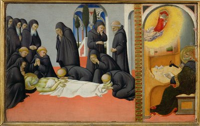 A morte de São Jerónimo entre os seus discípulos: aparece a São Cirilo, bispo de Jerusalém ... de Sano di also Ansano di Pietro di Mencio Pietro