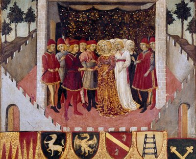 Cerimônia de casamento de um casal da nobreza da cidade de Siena Pintura de Sano di Pietro (1406-1481) decorando um Biccherna (capa do registro contábil da cidade de Siena) 1473. Siena Archivio di Stato, Itália de Sano di also Ansano di Pietro di Mencio Pietro