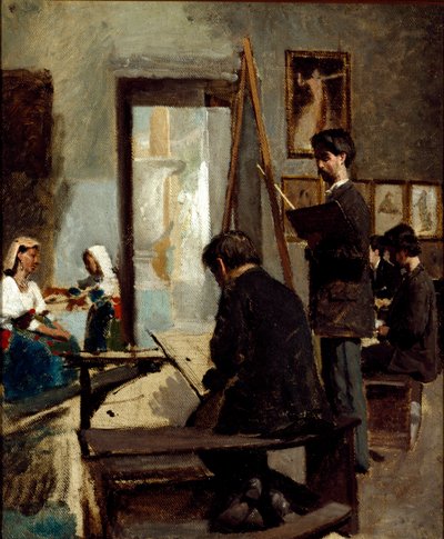 O estudo das cores cinzentas (um estúdio de pintura) (óleo sobre tela de Sante Bertelli