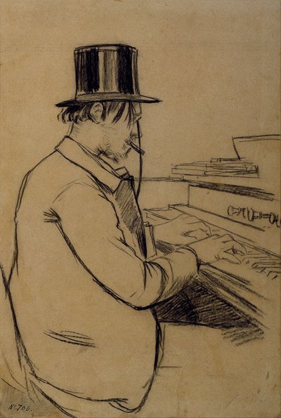 Retrato de Erik Satie 1866-1925, tocando harmônio de Santiago Rusiñol