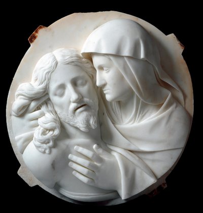 Escultura em mármore Pieta de Santo Varni (1807-1885) 1863-1870. Dim. 56x52x12 cm Da coleção do Príncipe Odon di savoia. Genes, Galleria d