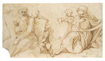 Dois profetas com pergaminhos sentados com putti segurando tabuletas de Sanzio of Urbino Raphael