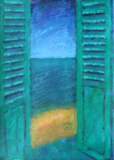Persianas verdes (acrílico a bordo) de Sara Hayward