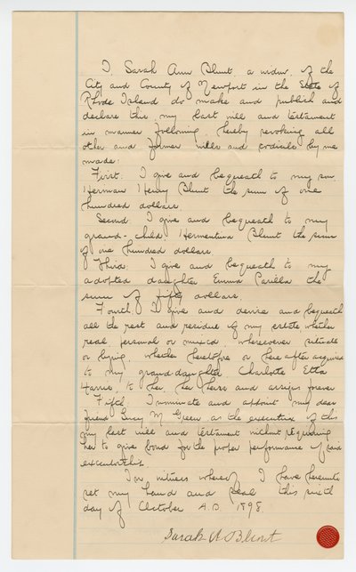 Última vontade e testamento de Sarah Ann Blunt Crozley, outubro de 1898. de Sarah Ann Blunt Crozley