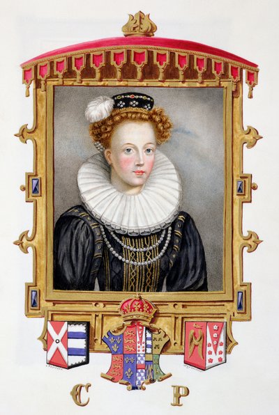 Retrato de Catarina Parr (1512-1548) Sexta Esposa de Henrique VIII como Jovem Viúva de &39;Memórias da Corte da Rainha Elizabeth&39;, publicada em 1825 (wc e guache sobre papel) de Sarah Countess of Essex