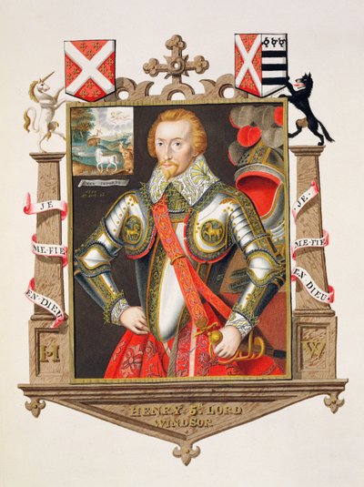 Retrato de Henrique, 5º Lord Windsor (1562-1615), de &39;Memórias do Tribunal da Rainha Elizabeth&39;, publicado em 1825 (wc e guache sobre papel) de Sarah Countess of Essex