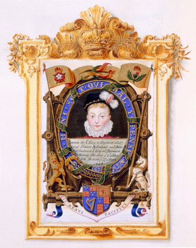 Retrato de Jaime VI da Escócia (1566-1625) Mais tarde Jaime I da Inglaterra como garoto c.1574 de &39;Memórias da Corte da Rainha Elizabeth&39;, publicado em 1825 (wc e guache sobre papel) de Sarah Countess of Essex
