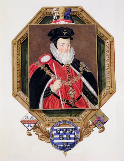 Retrato de William Cecil (1520-98) 1º Barão Burghley de Memórias do Tribunal da Rainha Elizabeth, depois de uma foto de Marcus Gheeraerts, o Jovem (c.1561-1635) publicada em 1825 (wc e guache) de Sarah Countess of Essex