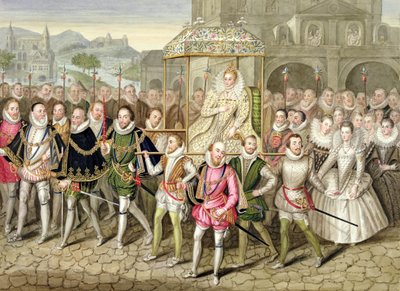 Rainha Elizabeth I em procissão com seus cortesãos (c.160003) de &39;Memórias do Tribunal da Rainha Elizabeth&39; depois de um óleo atribuído a Robert Peake (c.1592-1667) no Castelo de Sherborne, publicado em 18 de Sarah Countess of Essex