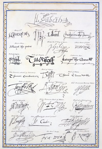 Reprodução de Assinaturas dos Tudors e seu Tribunal de &39;Memórias do Tribunal da Rainha Elizabeth&39;, publicado em 1825 (caneta e tinta no papel) de Sarah Countess of Essex