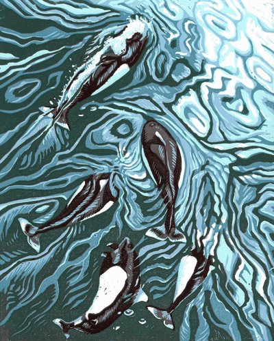 Wake Riders, 2016 (gravura em linóleo) de Sarah Drummond