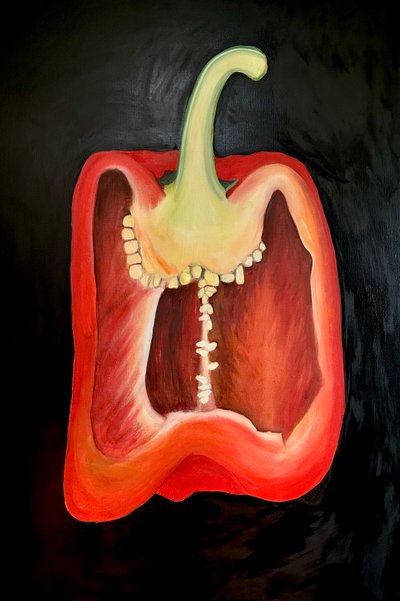 Meio pimento vermelho, 2024 (óleo sobre tela) de Sarah Thompson-Engels