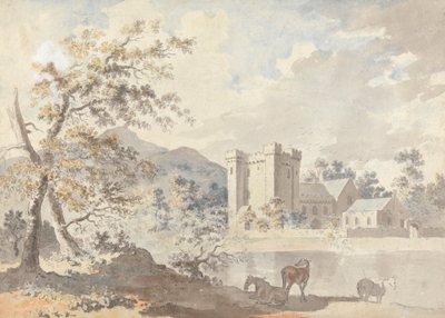 Castelo abaixo das montanhas com cavalos junto a um rio de Sawrey Gilpin