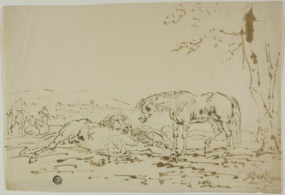 Paisagem com cavalos em primeiro plano de Sawrey Gilpin