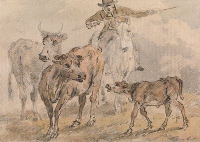Homem a cavalo ouve duas vacas e um vitelo de Sawrey Gilpin