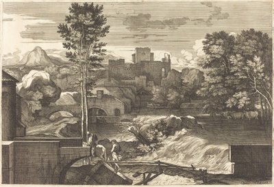 Paisagem com duas figuras em uma ponte de Sébastien Bourdon