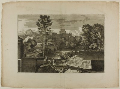 Cachoeira em uma ponte de pedra, com castelo à distância de Sébastien Bourdon