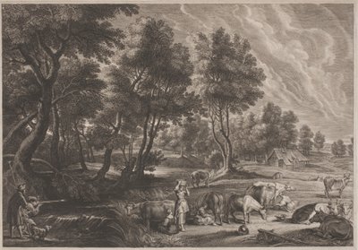 Paisagem de fazenda com caçadores e leiteiras de Schelte Adams Bolswert, after Sir Peter Paul Rubens