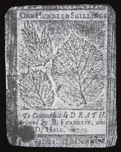 Uma nota de 100 xelins desenhada e impressa por Benjamin Franklin em 1759 (litho) de School American