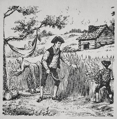 Uma colheita familiar de milho (litho) de School American