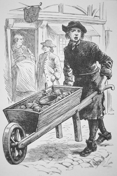 Um homem ostra na Nova Inglaterra a vender as suas mercadorias no século XVII (litho) de School American