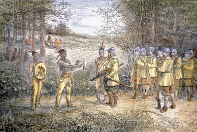 Capitão Miles Standish negocia com os índios Wampanoag em 1621 (cor litho) de School American