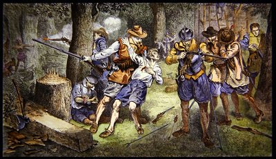 Defendendo o povoado infantil contra o ataque indígena na colônia de Jamestown, Virgínia, em 1607 (cor litho) de School American