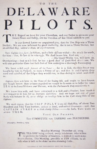 Facsmile da proclamação dos patriotas de Filadélfia aos pilotos de Delaware avisando-os para não lidarem com o navio de chá britânico, 7 de Dezembro de 1773 (litho) de School American