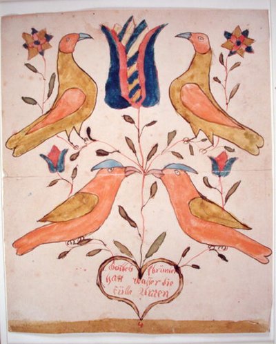 Four Birds, Tulip and Heart (aguarela sobre papel) de School American