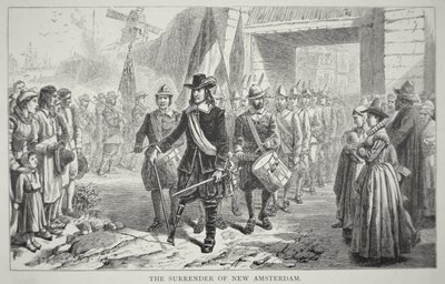 O governador Peter Stuyvesant rende Nova Amesterdão aos britânicos em 1664 (litho) de School American