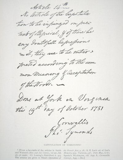 Carta de Capitulação de Yorktown, assinada por Lord Cornwallis de School American