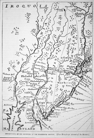 Mapa da Pennsylvania no início do século XVIII, do "Conta das Missões" de Humphrey (litho) de School American