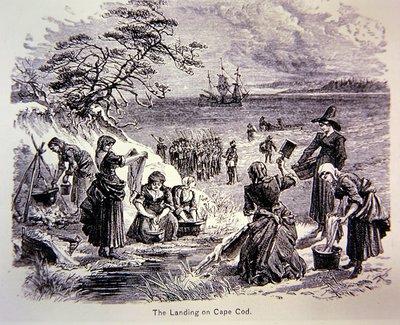 Pilgrim Fathers Land in America in 1620 - O desembarque em Cape Cod mostrando as mulheres no trabalho (litho) de School American
