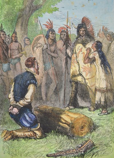 Pocahontas salva a vida de John Smith (gravura a cores) de School American