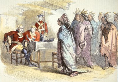 Pontiac visita Major Gladwin no Fort Detroit em 1763 (cor litho) de School American