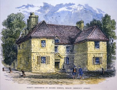 Residência de William Penn na Second Street, abaixo da Chestnut Street, Philadelphia (cor litho) de School American