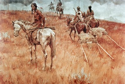Índios Sioux em movimento (óleo sobre tela) de School American