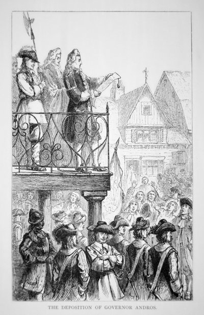 Sir Edmund Andros proclama o domínio da Nova Inglaterra em 1686 com ele próprio como governador (litho) de School American