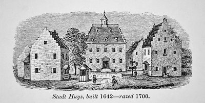 A cidade holandesa de Huys, Nova Amesterdão (Nova Iorque), construída em 1642 e arrasada em 1700 (litho) de School American