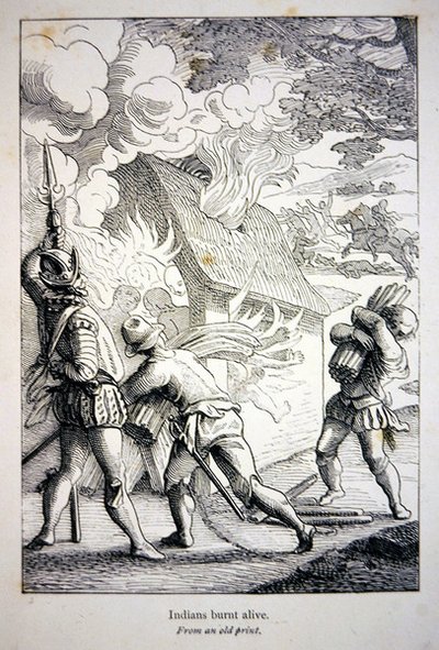 Os espanhóis na América queimando uma aldeia indígena (litho) de School American