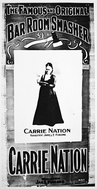 Cartaz de teatro representando Carry Nation (1846-1911) segurando o seu machado destrutivo (litho) de School American