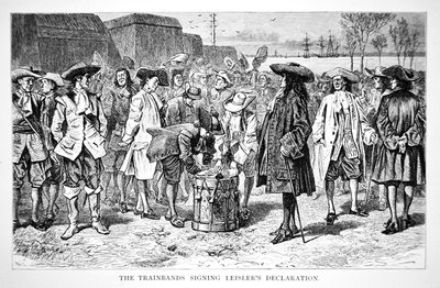 Banda de trem assinando a Declaração de Leisler em 1689 (gravura) de School American