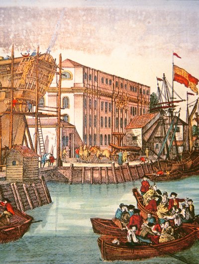 Vista do porto de Nova Iorque em meados do século XVIII (cor litho) de School American