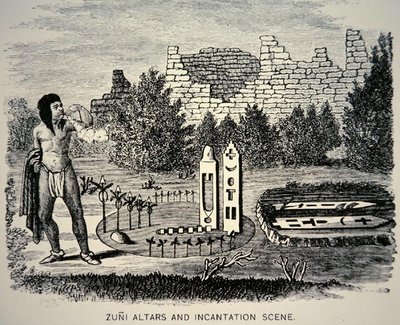 Zuni Tribesman soprando pólen sobre um santuário Pueblo (gravura) de School American