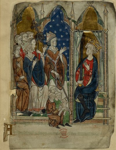 Cotton Vitellius A. XIII f.6v Rei Eduardo I sentado com sua corte e escrivães, de 